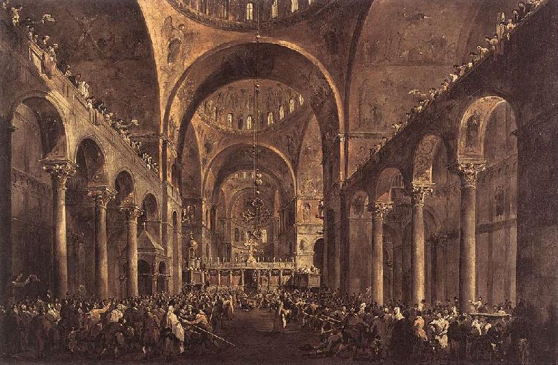 GUARDI, Francesco Doge Alvise IV Mocenigo Appears to the People in St Mark s Basilica in 1763 oil painting image